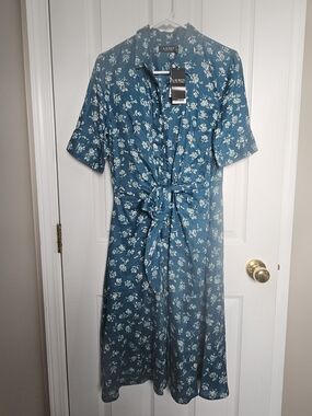 Ralph Lauren Teal Floral Tie-Waist Midi Dress